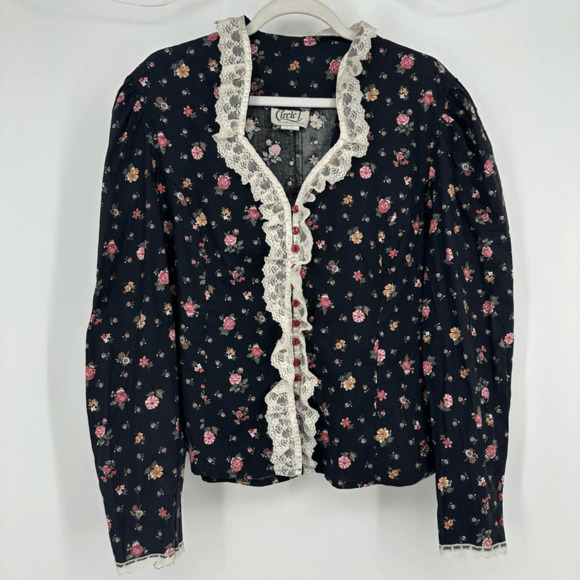 Vintage Circle T Womens Prairie Shirt  Size L Floral Lace Trim Victorian Regency - Picture 12 of 12
